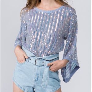 Sequin Strip Mesh Top - Blue Multi